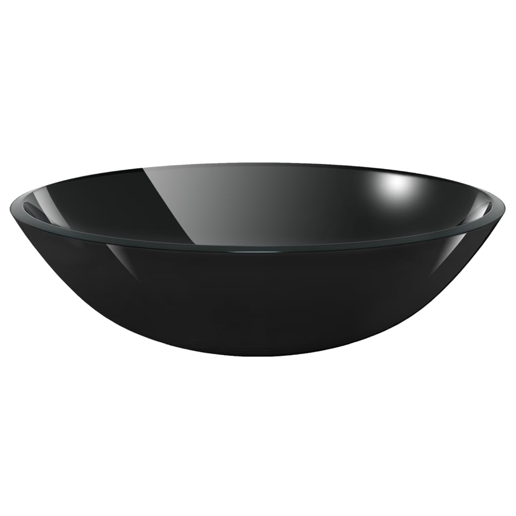 3098451 vidaXL Bathroom Sink with Tap and Push Drain Black Tempered Glass (142231+149089+149062)