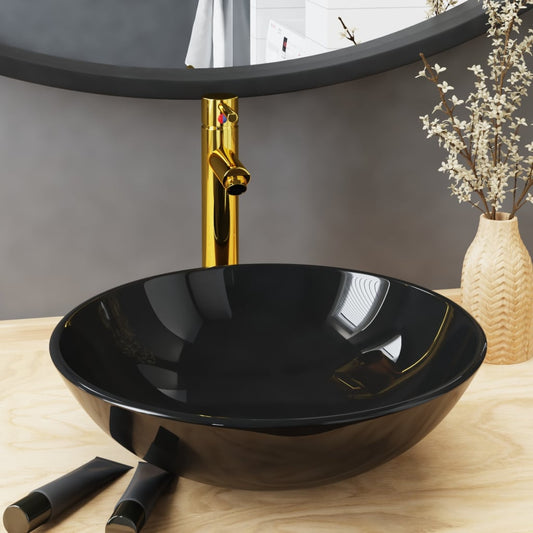 3098451 vidaXL Bathroom Sink with Tap and Push Drain Black Tempered Glass (142231+149089+149062)