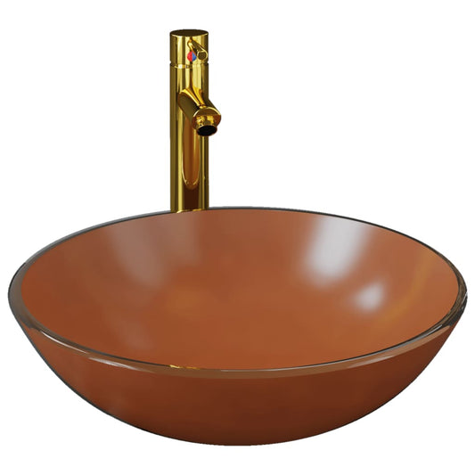 3098456 vidaXL Bathroom Sink with Tap and Push Drain Brown Tempered Glass (142232+149089+149062)