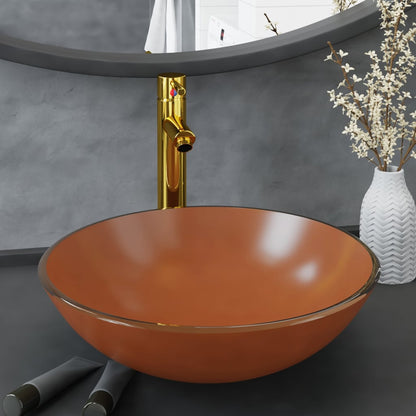 3098456 vidaXL Bathroom Sink with Tap and Push Drain Brown Tempered Glass (142232+149089+149062)