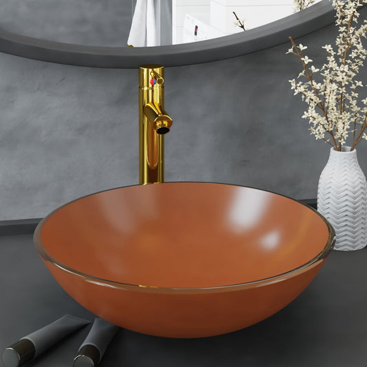 3098456 vidaXL Bathroom Sink with Tap and Push Drain Brown Tempered Glass (142232+149089+149062)