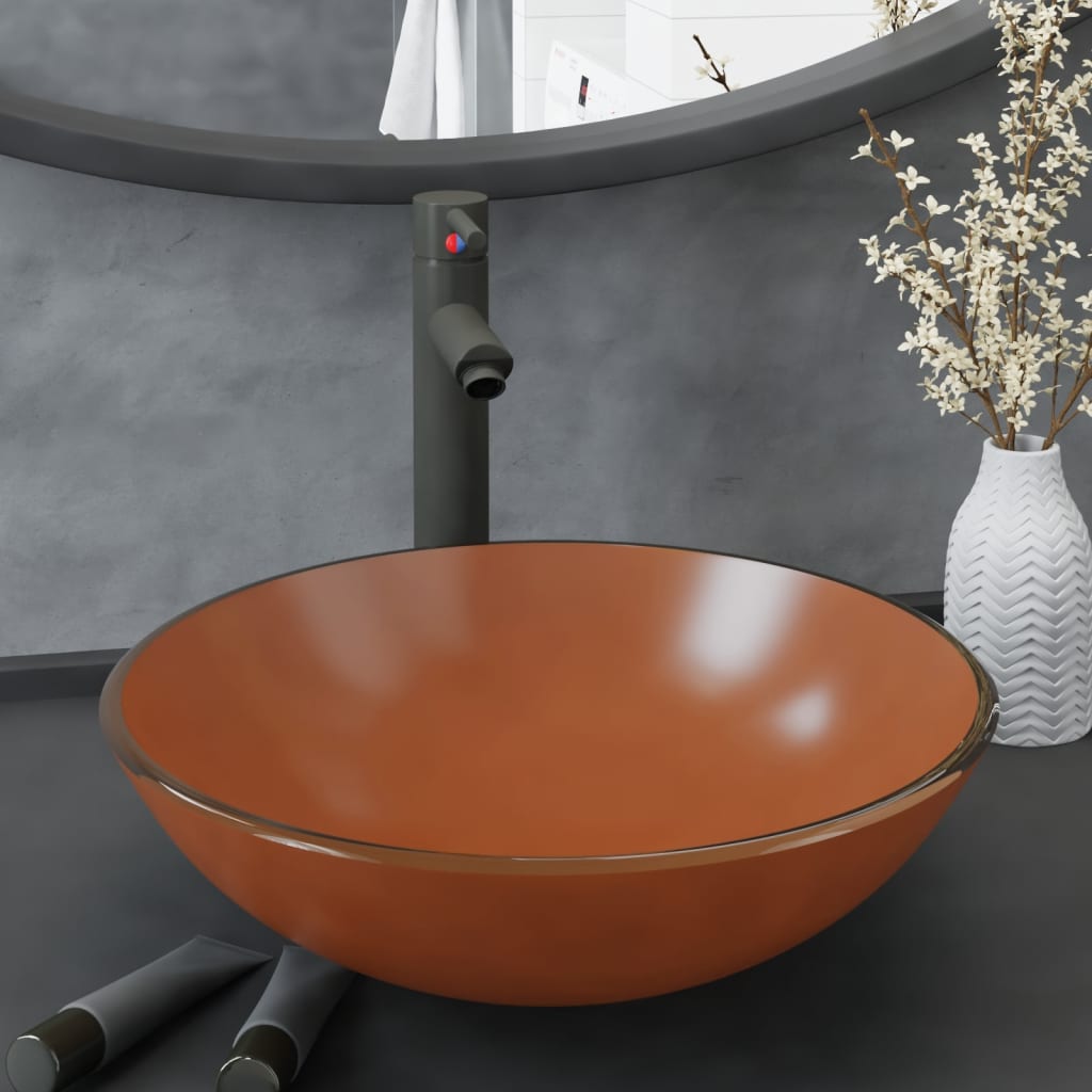 vidaXL Bathroom Sink with Tap and Push Drain Brown Tempered Glass