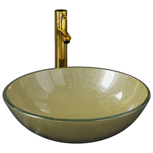 3098461 vidaXL Bathroom Sink with Tap and Push Drain Gold Tempered Glass (142233+149089+149062)