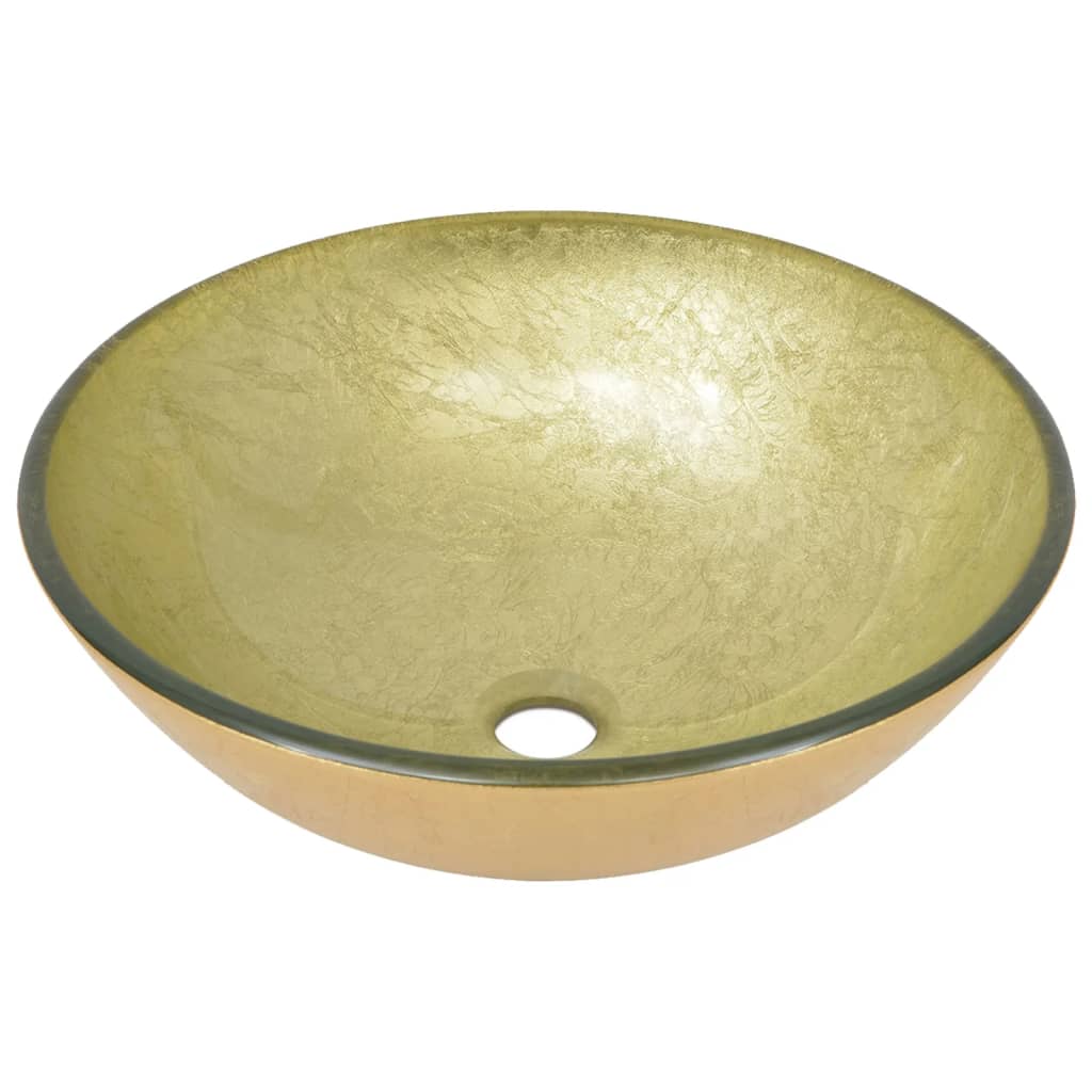 3098461 vidaXL Bathroom Sink with Tap and Push Drain Gold Tempered Glass (142233+149089+149062)