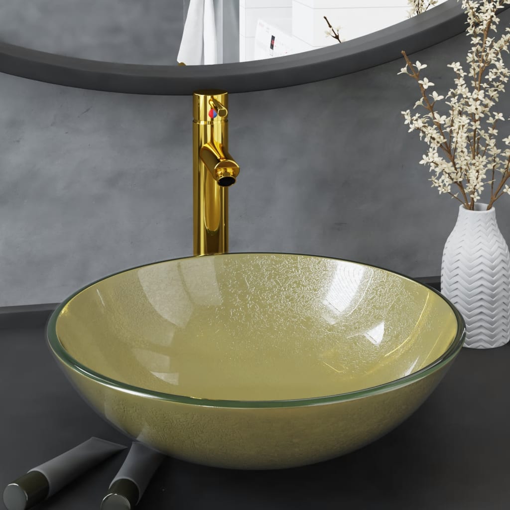 3098461 vidaXL Bathroom Sink with Tap and Push Drain Gold Tempered Glass (142233+149089+149062)