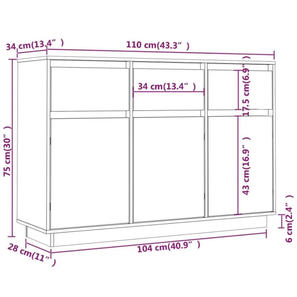 vidaXL Sideboard 111x36x75 cm Solid Wood Pine