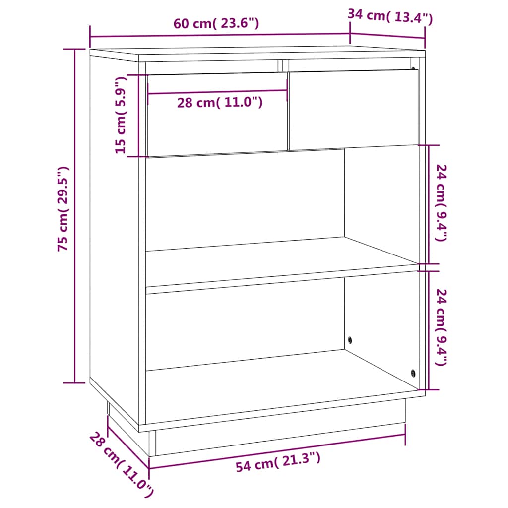 vidaXL Console Cabinet White 60x34x75 cm Solid Wood Pine