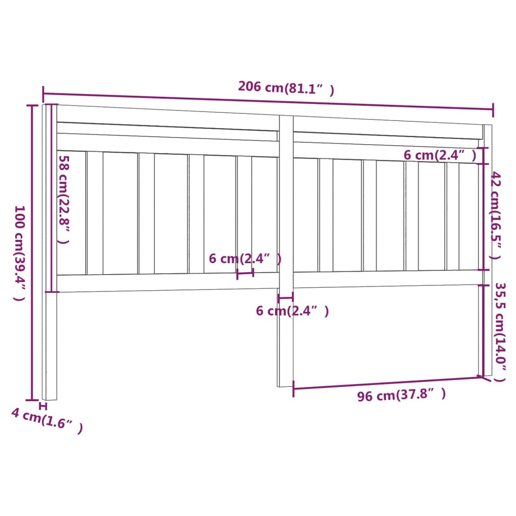 814116 vidaXL Bed Headboard Grey 206x4x100 cm Solid Wood Pine