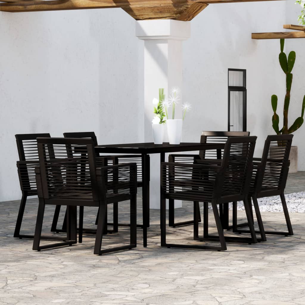 vidaXL Dining Set | Black | Powder-coated steel, glass, PVC rattan | 7 Piece