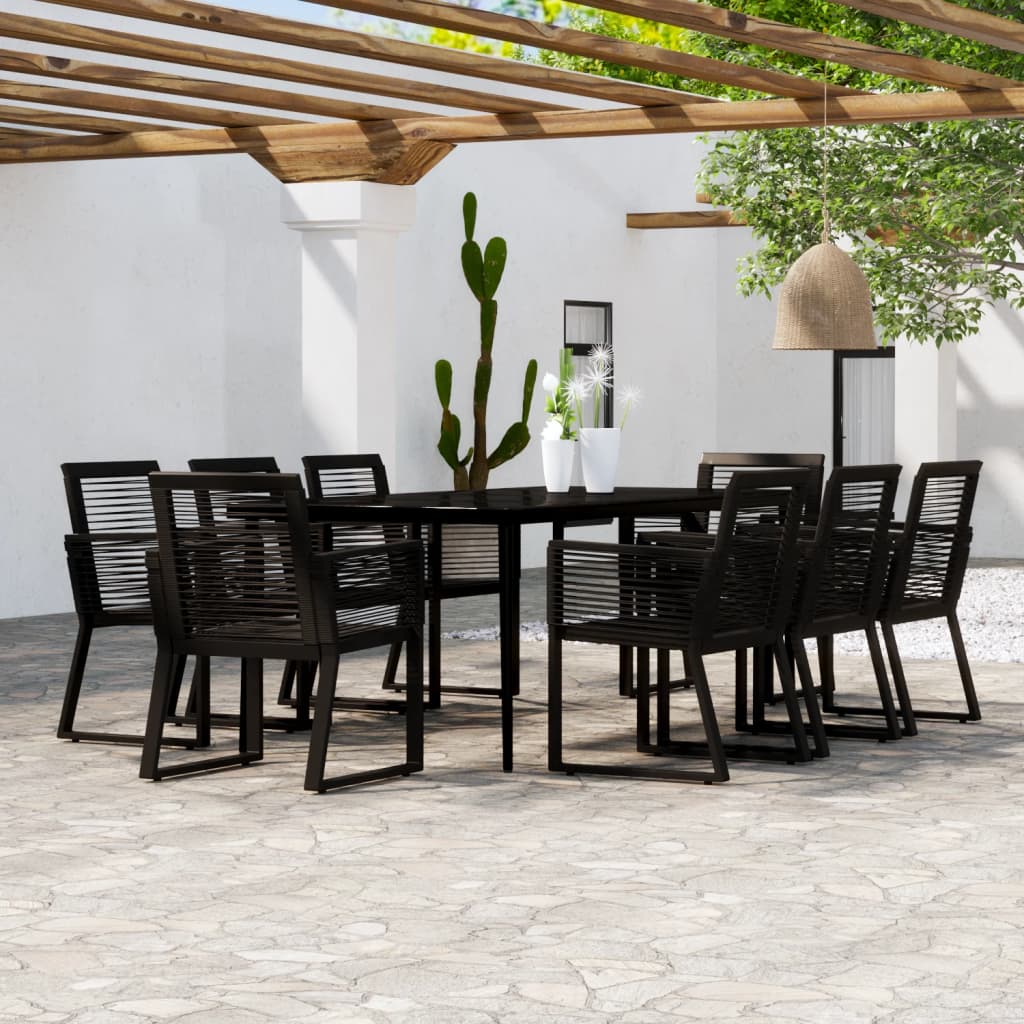 vidaXL Dining Set | Black | Powder-coated steel, glass, PVC rattan | Large