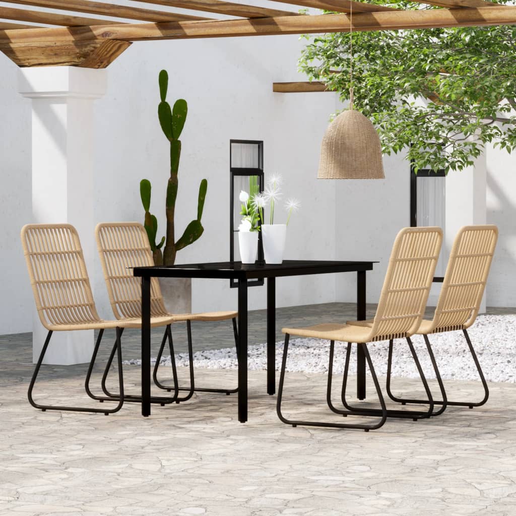 vidaXL Dining Set | Black, Oak | Powder-coated Steel, Glass Tabletop, PE Rattan
