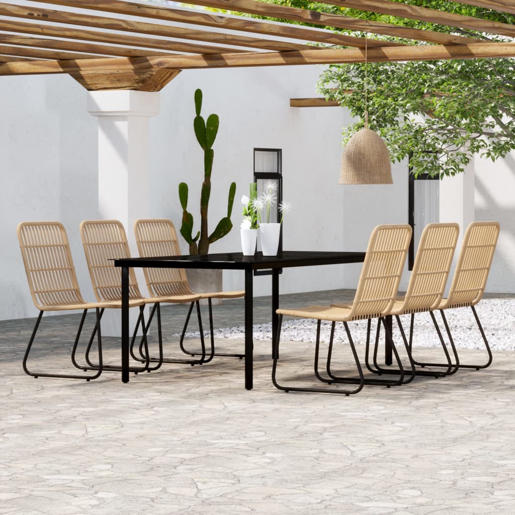 vidaXL Dining Set | Oak, Black | Powder-coated steel, PE rattan, glass | Large
