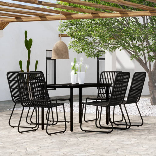vidaXL Dining Set | Black | Powder-coated steel, glass, PE rattan | 7 Piece