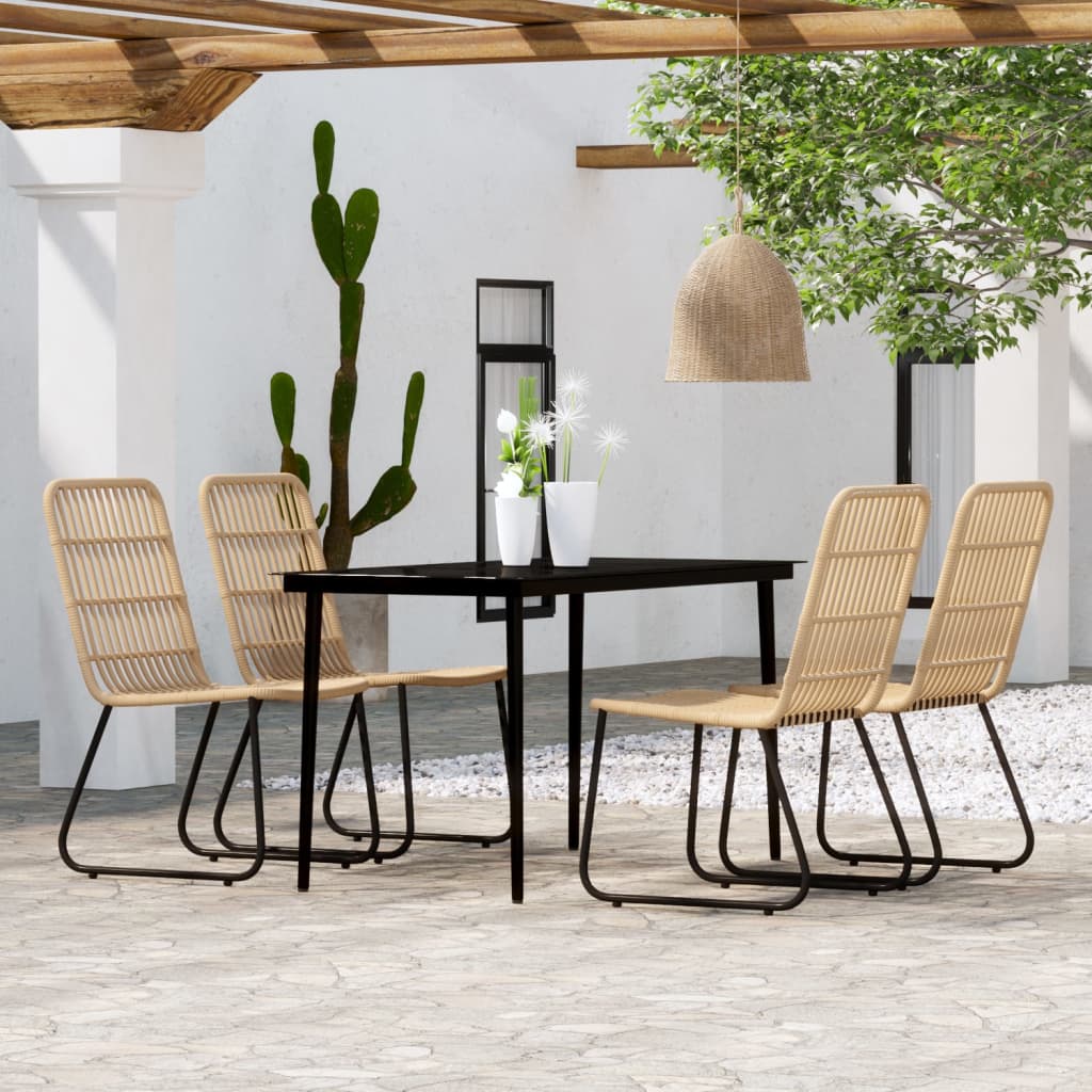 vidaXL Dining Set | Oak and black | PE rattan, powder-coated steel, glass