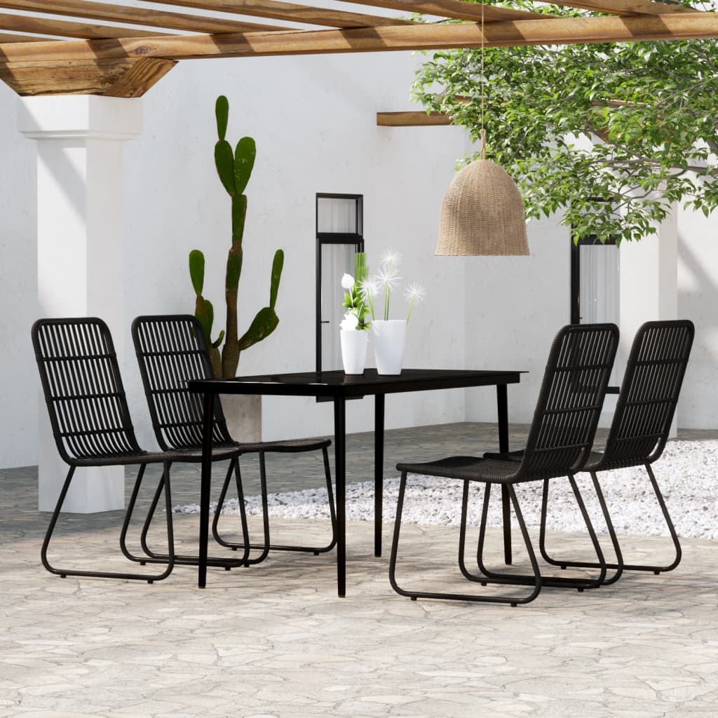 vidaXL Dining Set | Black | Powder-coated steel, glass, PE rattan