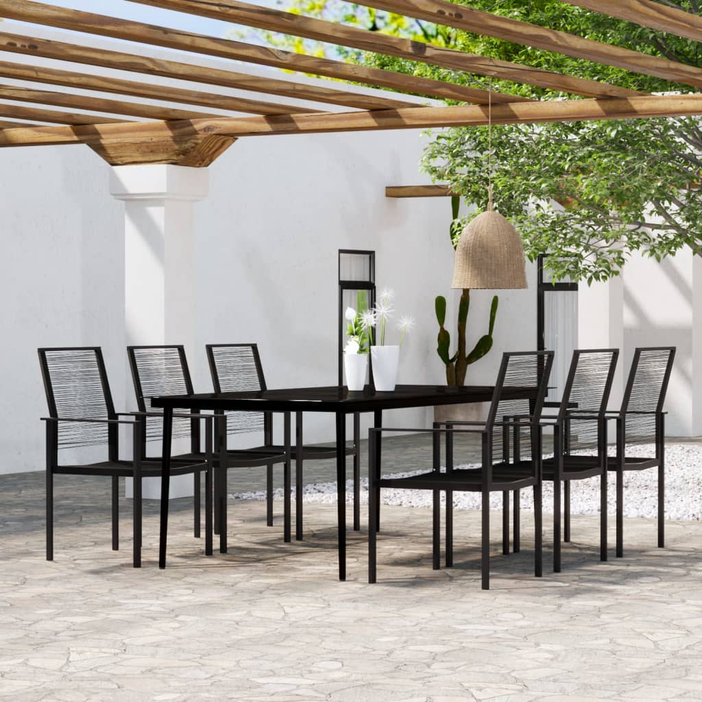 vidaXL Dining Set | Black | Powder-coated steel, glass, PVC rattan