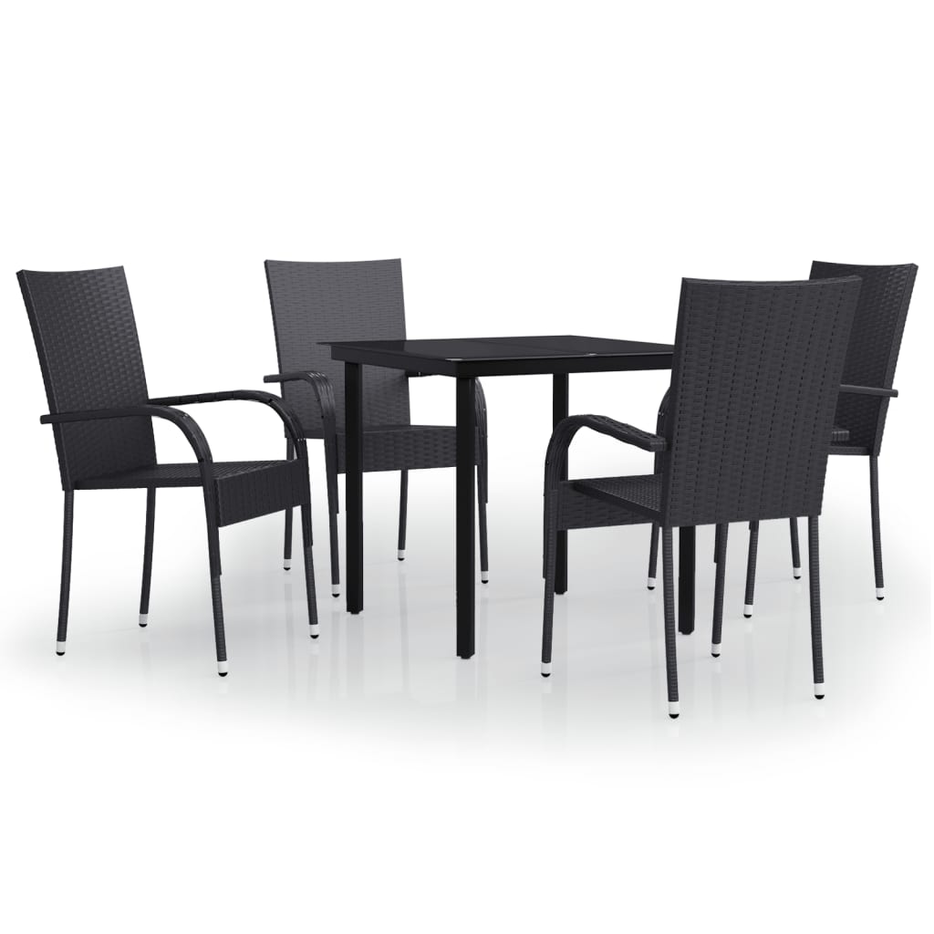 vidaXL Garden Dining Set | Black | PE rattan, powder-coated steel, glass
