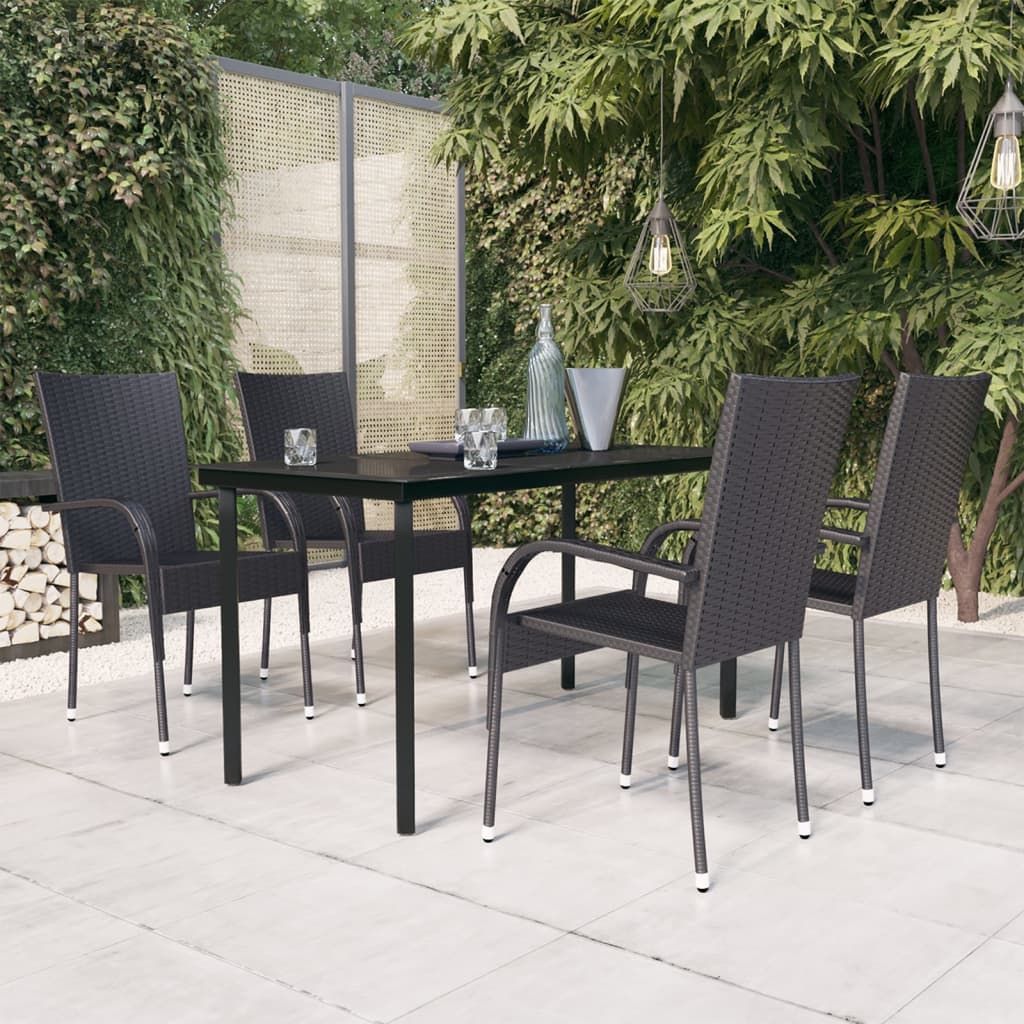 vidaXL Garden Dining Set | Black | PE rattan, powder-coated steel, glass
