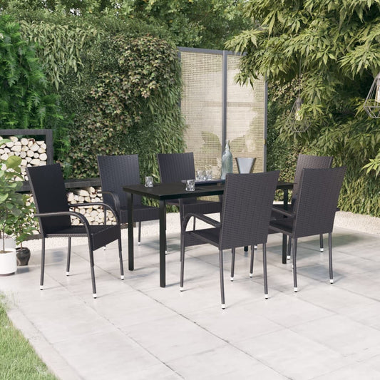 vidaXL Garden Dining Set | Black | PE rattan, powder-coated steel, glass