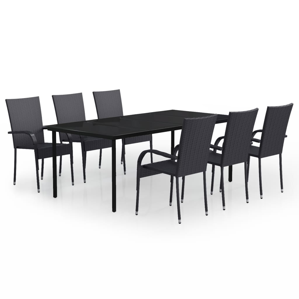 vidaXL Garden Dining Set | Black | PE rattan, powder-coated steel, glass | Large