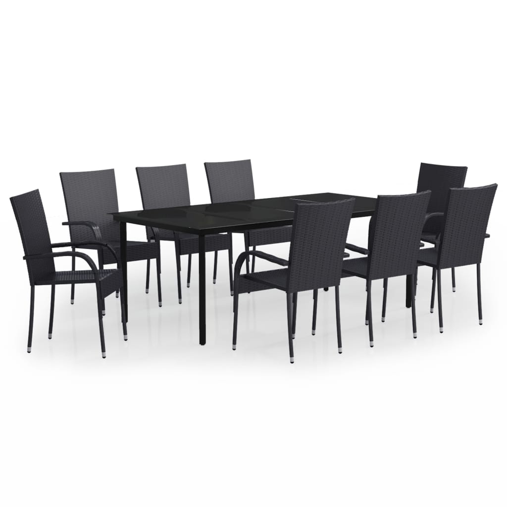 vidaXL Garden Dining Set | Black | PE Rattan, Powder-Coated Steel, Glass | Large