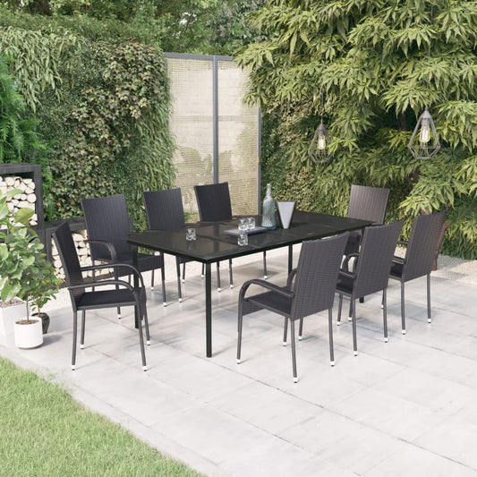 vidaXL Garden Dining Set | Black | PE Rattan, Powder-Coated Steel, Glass | Large