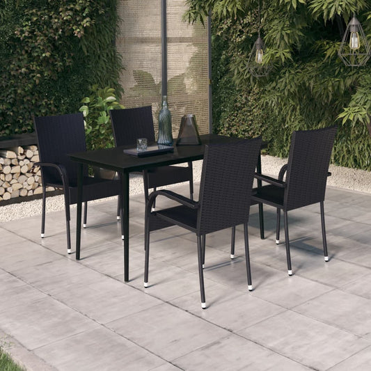 vidaXL Garden Dining Set | Black | PE rattan, powder-coated steel, glass