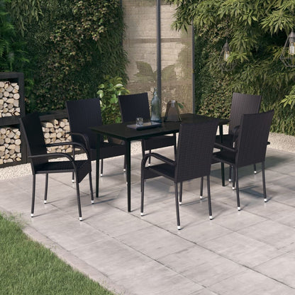 vidaXL Garden Dining Set | Black | PE rattan, powder-coated steel, glass