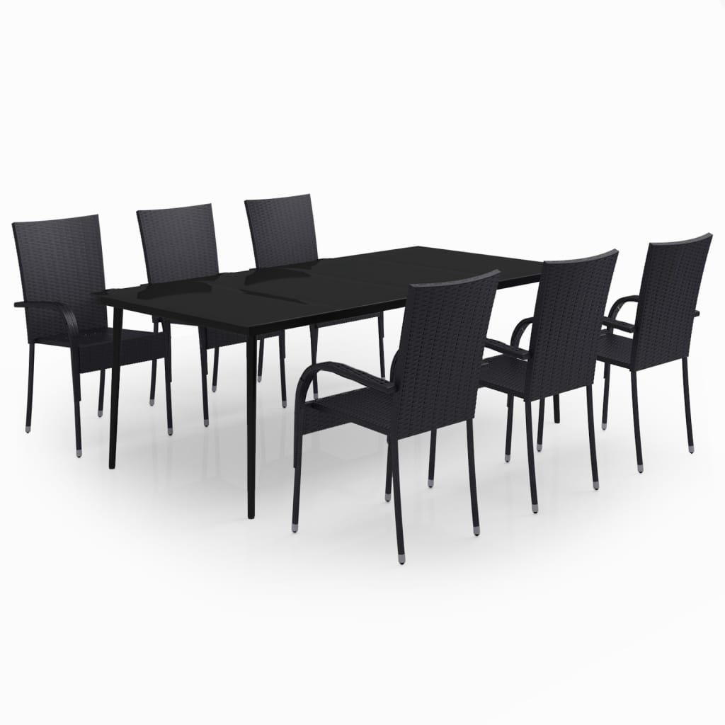 vidaXL Garden Dining Set | Black | PE rattan, powder-coated steel, glass | Large