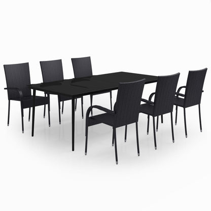 vidaXL Garden Dining Set | Black | PE rattan, powder-coated steel, glass | Large