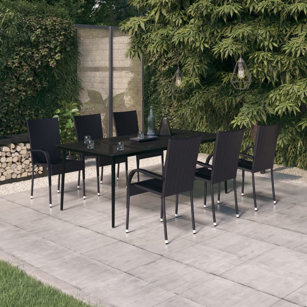 vidaXL Garden Dining Set | Black | PE rattan, powder-coated steel, glass | Large