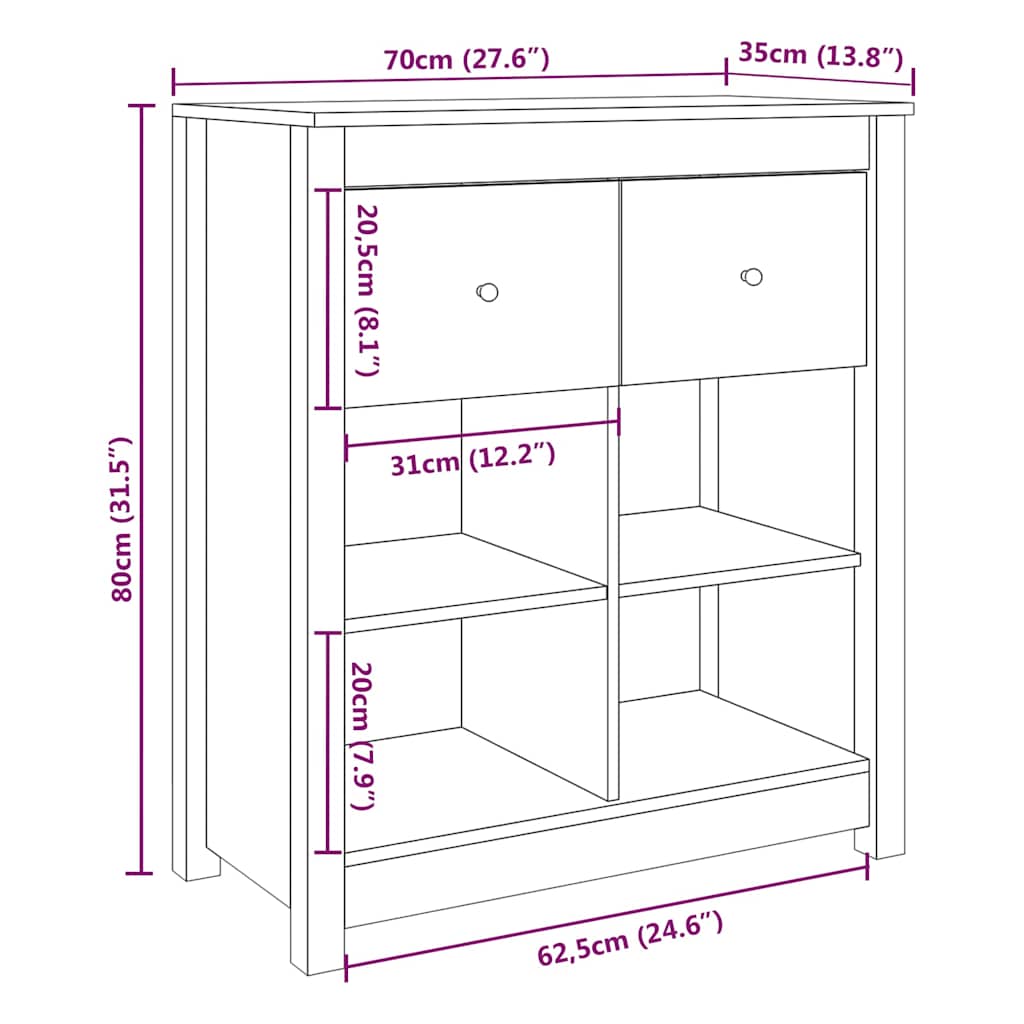 813764 vidaXL Sideboard 70x35x80 cm Solid Wood Pine