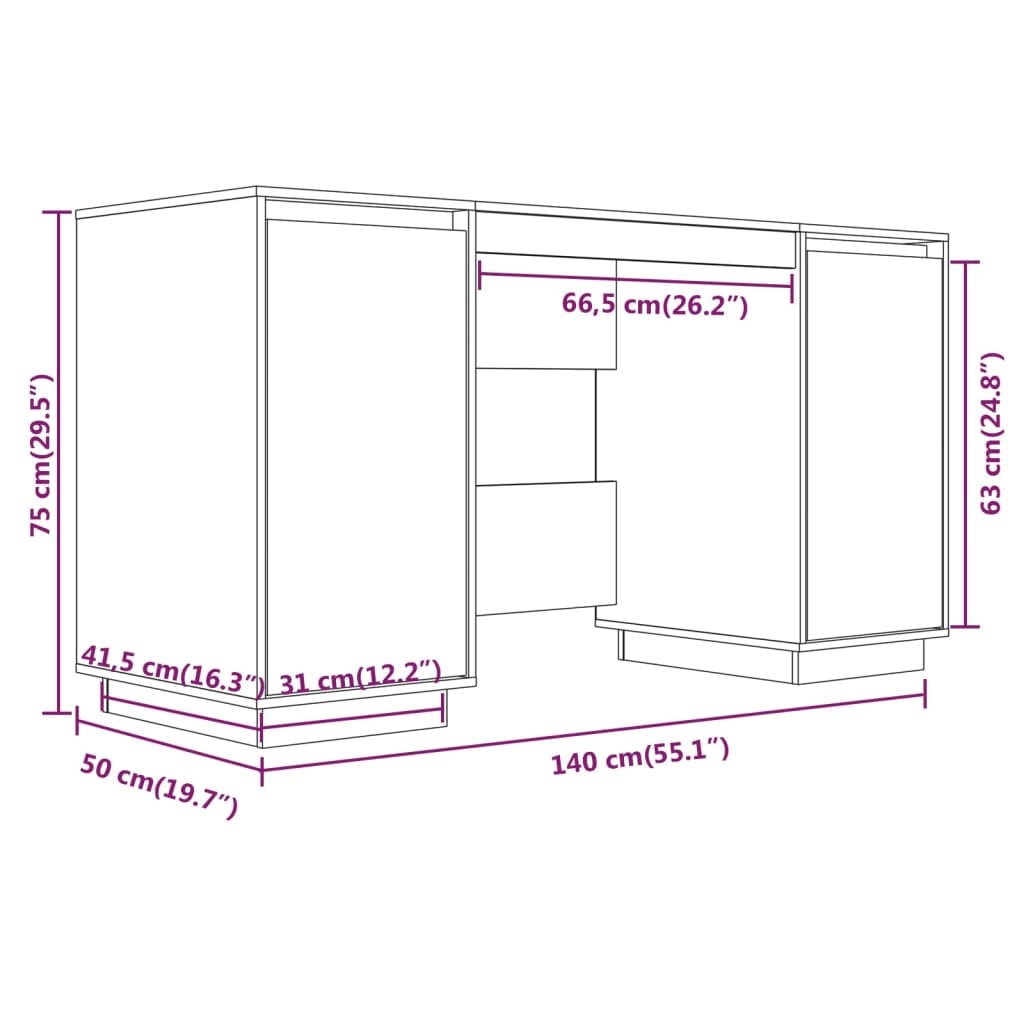 vidaXL Desk White 140x50x75 cm Solid Wood Pine