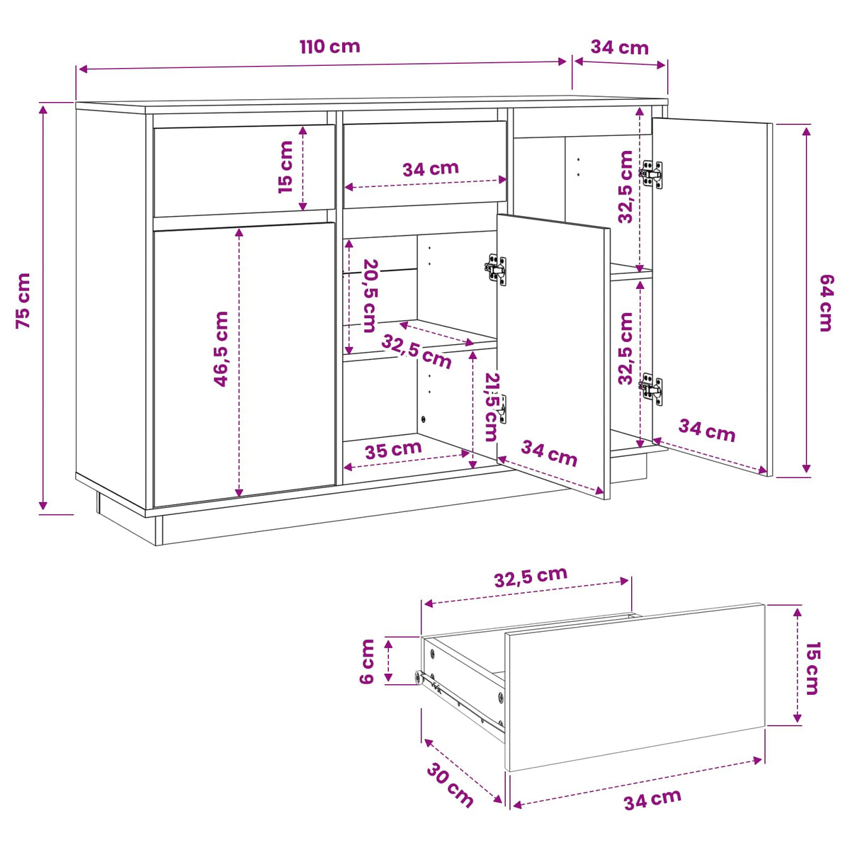 vidaXL Sideboard White 110x34x75 cm Solid Wood Pine