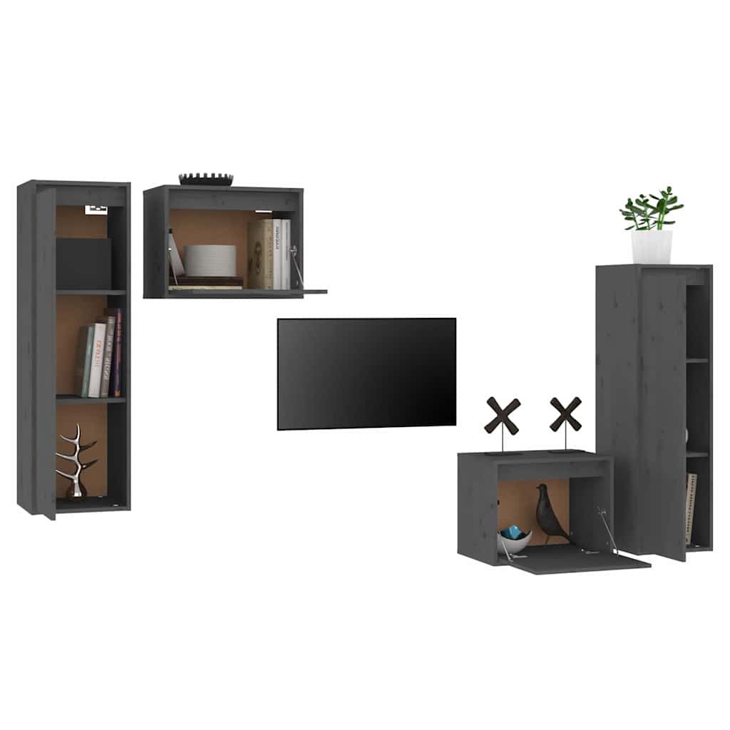 vidaXL 4 Piece TV Cabinet Set Grey Solid Wood Pine