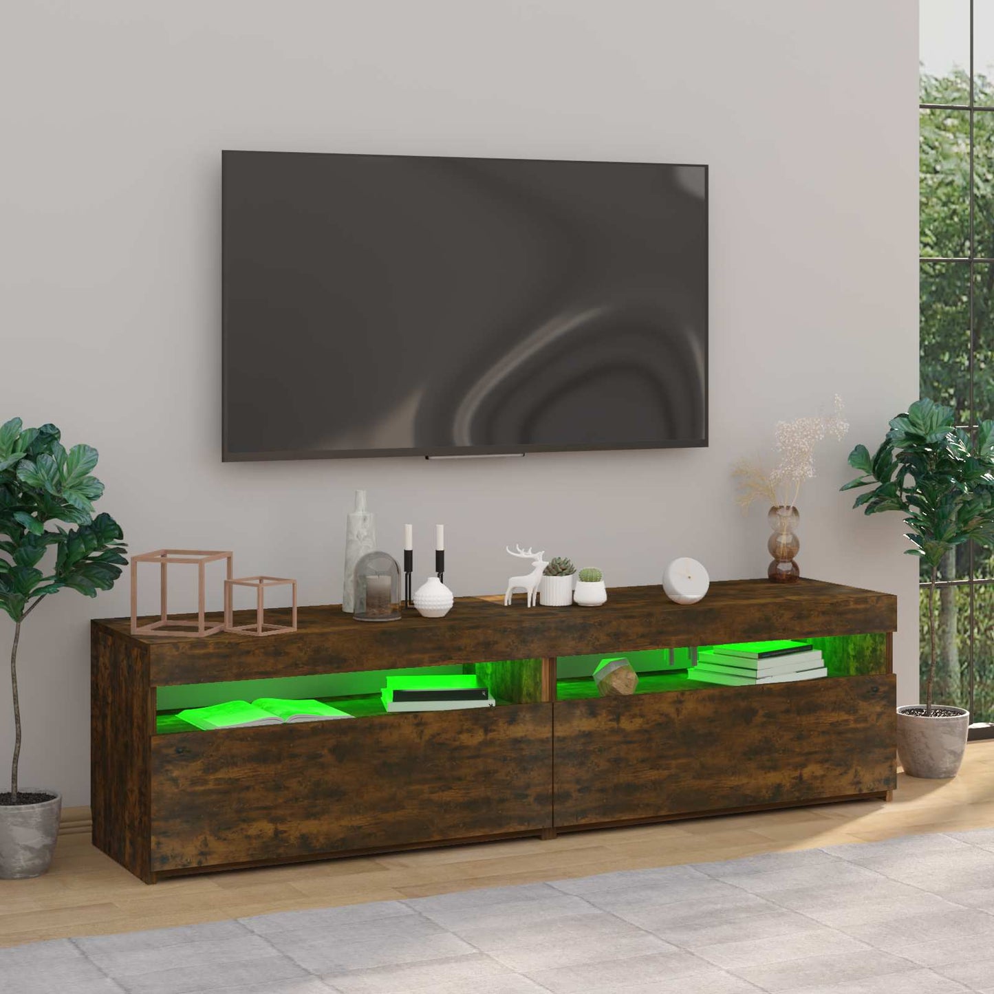 815124 vidaXL TV Cabinet with LED Lights 2 pcs Smoked Oak 75x35x40 cm