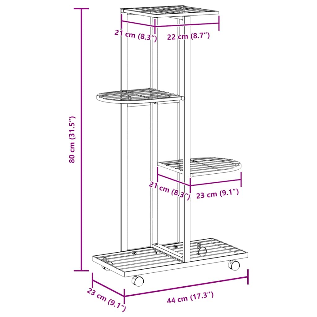 vidaXL 4-Floor Flower Stand with Wheels 44x23x80 cm Black Iron