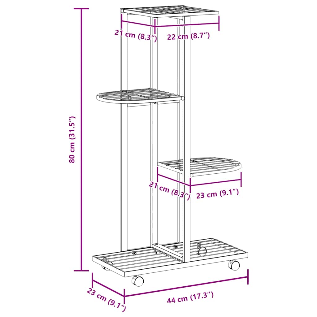 vidaXL 4-Floor Flower Stand with Wheels 44x23x80 cm White Iron