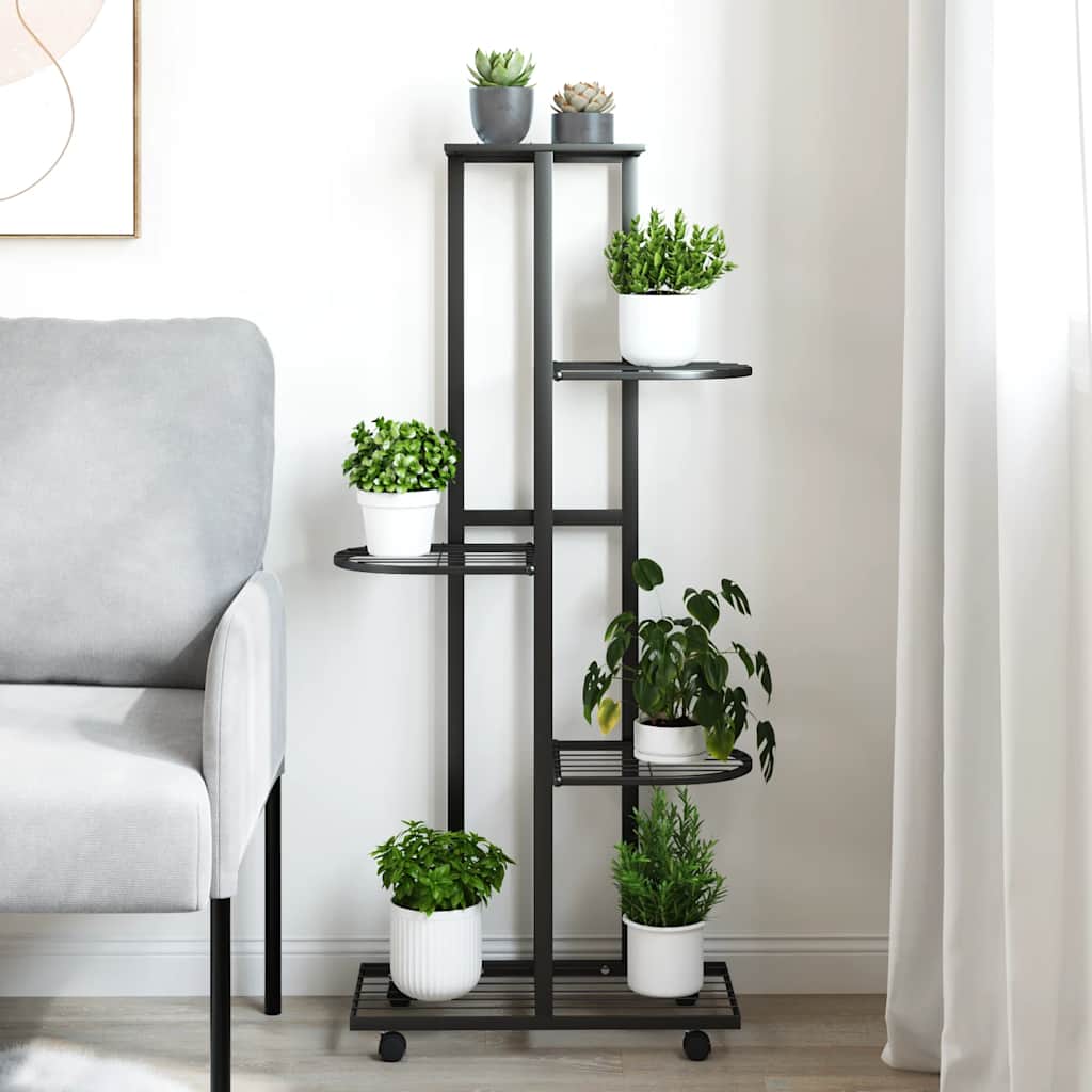 vidaXL Flower Stand | Black | Powder-coated iron | Tall | Rollable