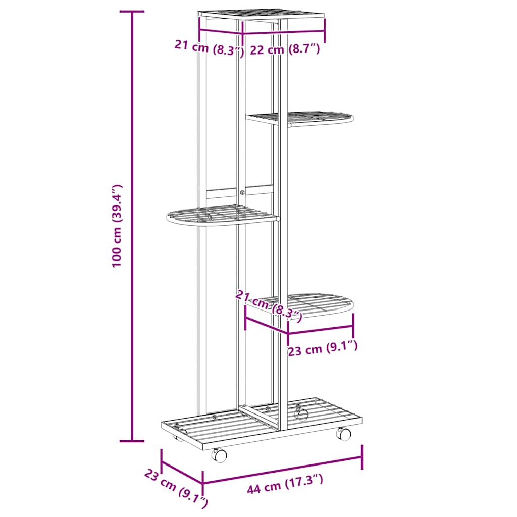 vidaXL Flower Stand | Black | Powder-coated iron | Tall | Rollable