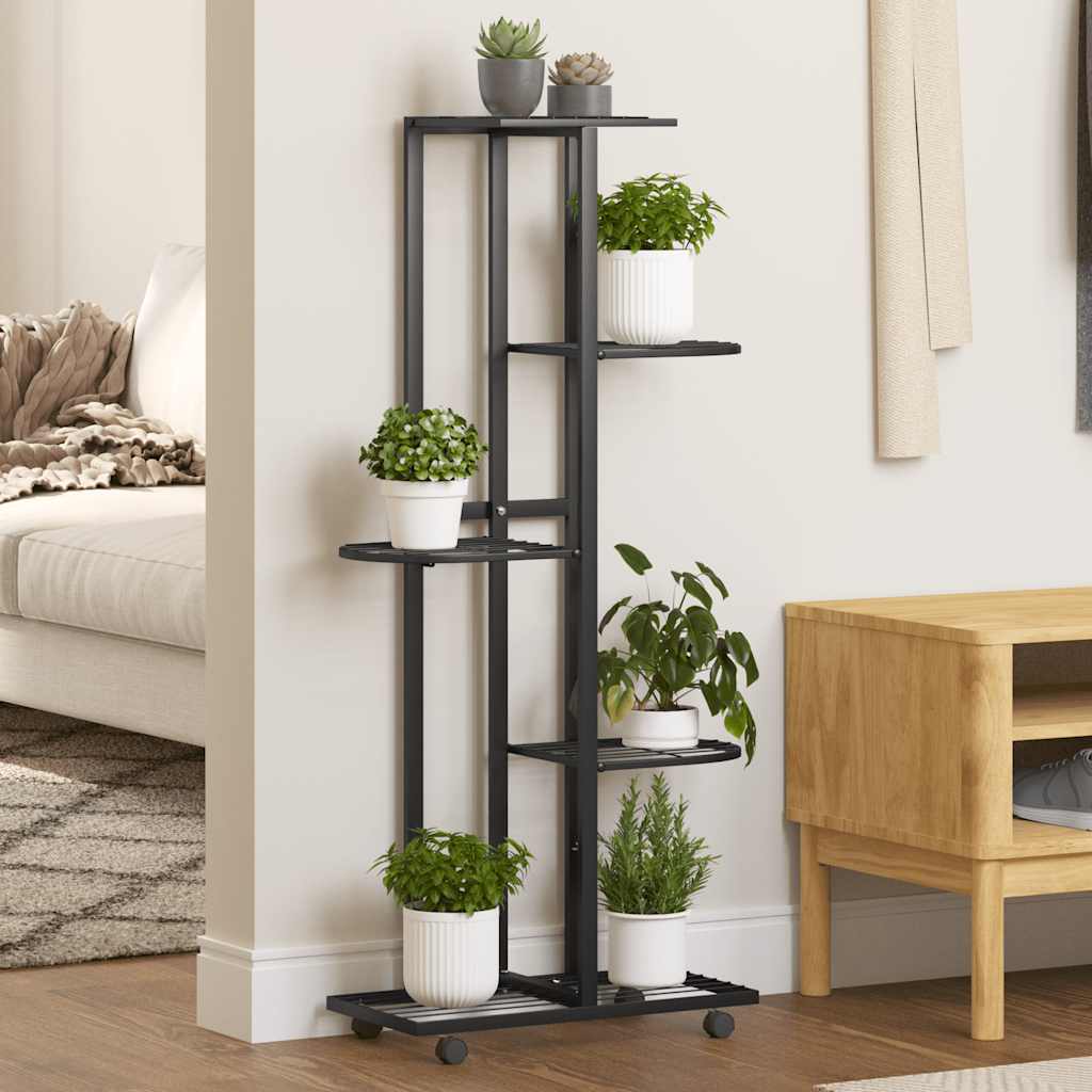 vidaXL Flower Stand | Black | Powder-coated iron | Tall | Rollable