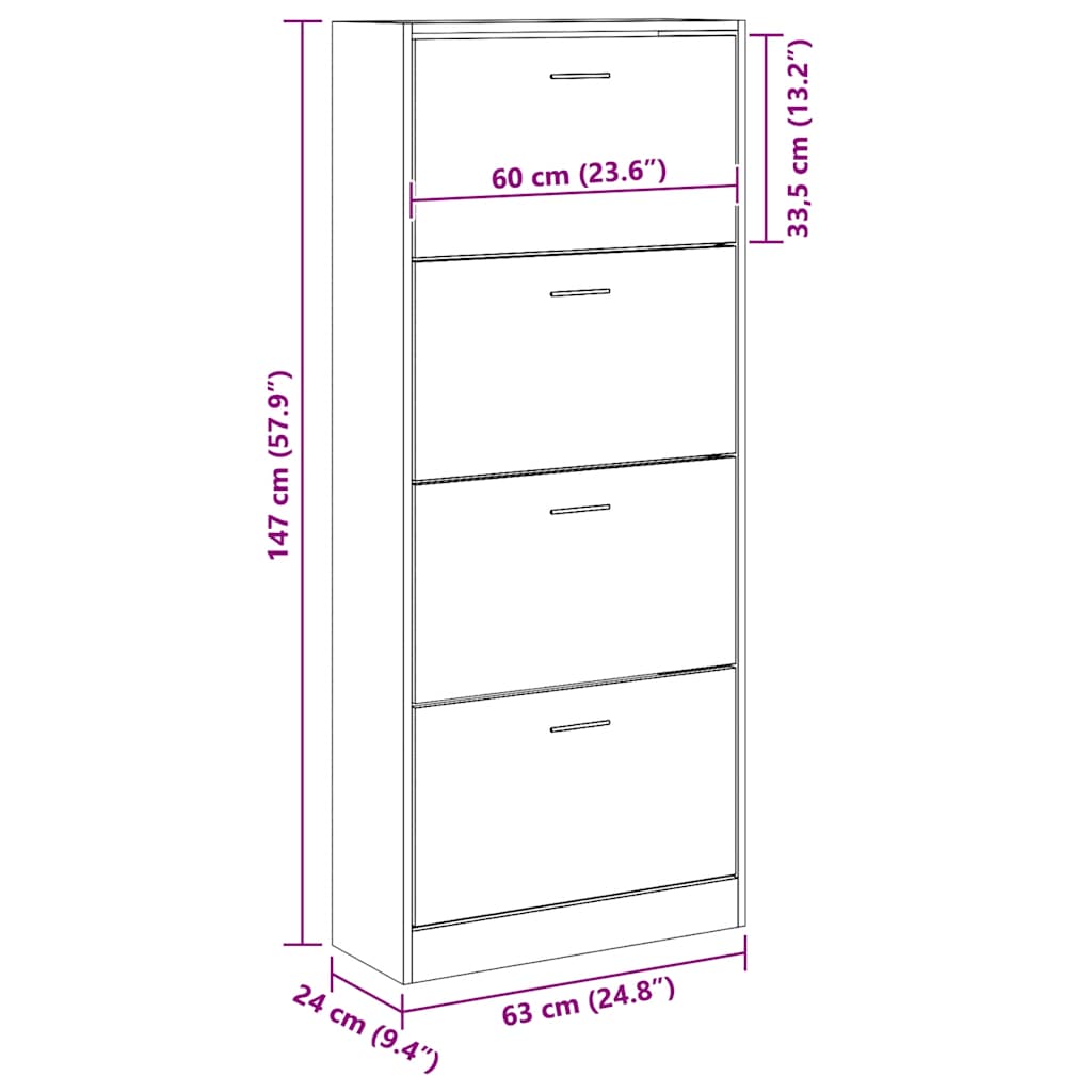 vidaXL Shoe Cabinet Black 63x24x147 cm Engineered Wood