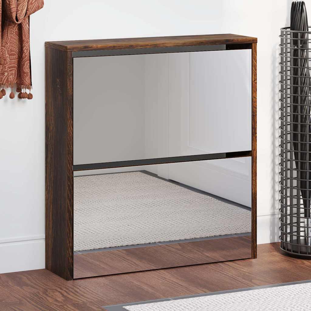 vidaXL Shoe Cabinet with Mirror 2-Layer Smoked Oak 63x17x67 cm