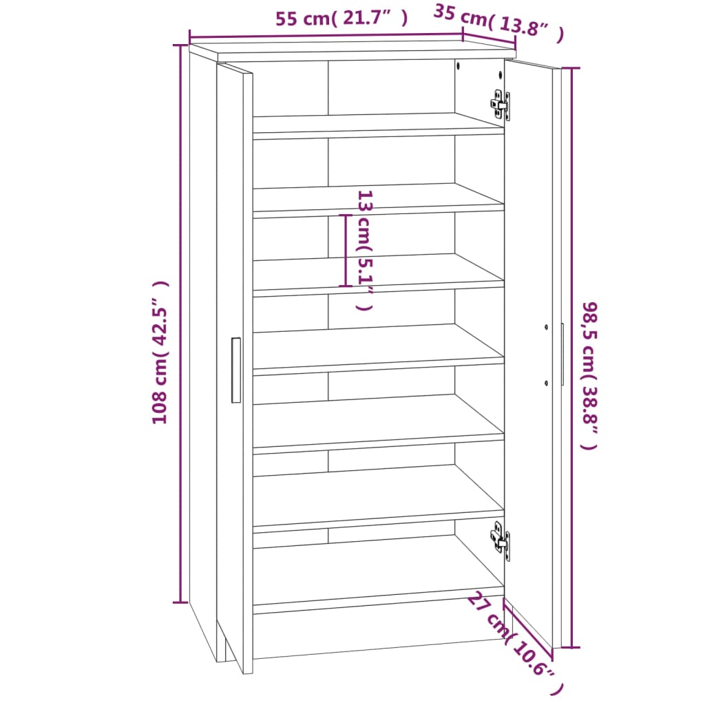 vidaXL Shoe Cabinet High Gloss White 55x35x108 cm Engineered Wood