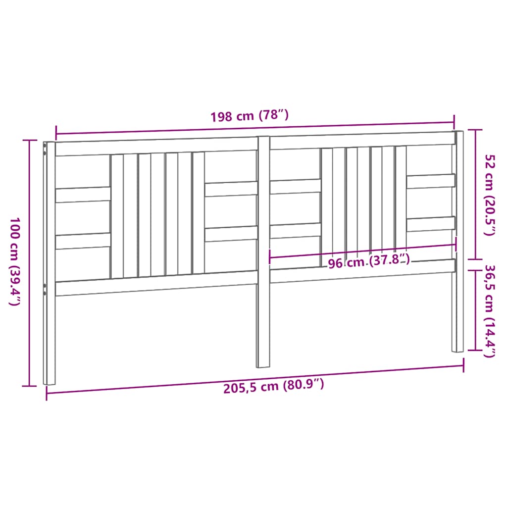 vidaXL Bed Headboard Black 206x4x100 cm Solid Wood Pine