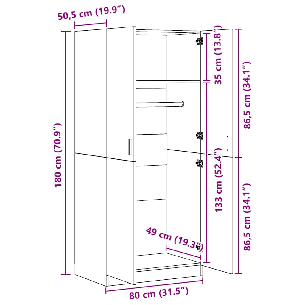 vidaXL Wardrobe Smoked Oak 80x52x180 cm Engineered Wood