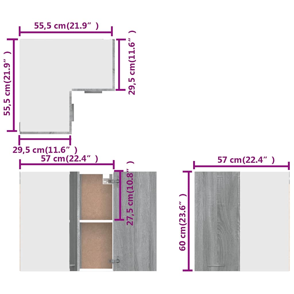 vidaXL Hanging Corner Cabinet "Lyon" Grey Sonoma 57x57x60 cm