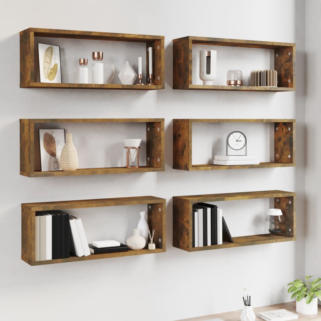 vidaXL Wall Cube Shelves 6 pcs Smoked Oak 60x15x23 cm Engineered Wood