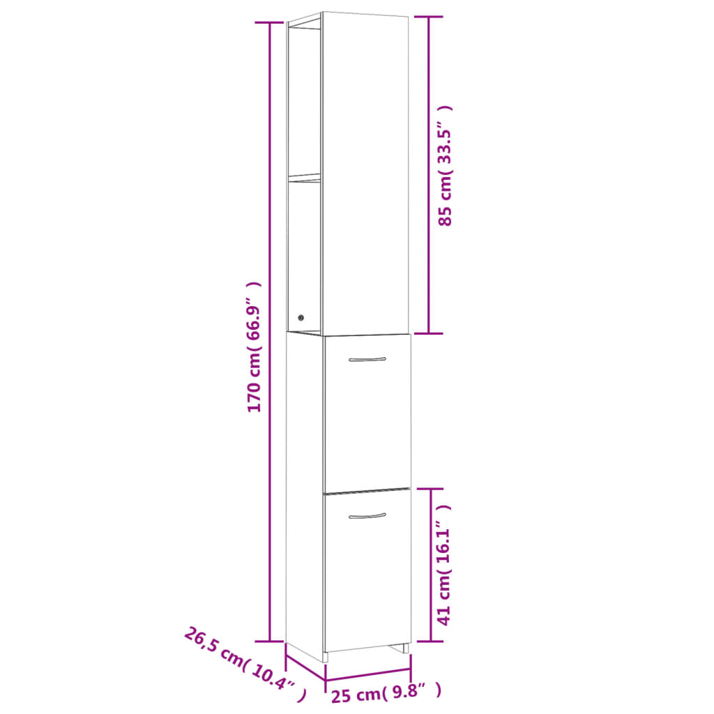 vidaXL Bathroom Cabinet Grey Sonoma 25x26.5x170 cm Engineered Wood