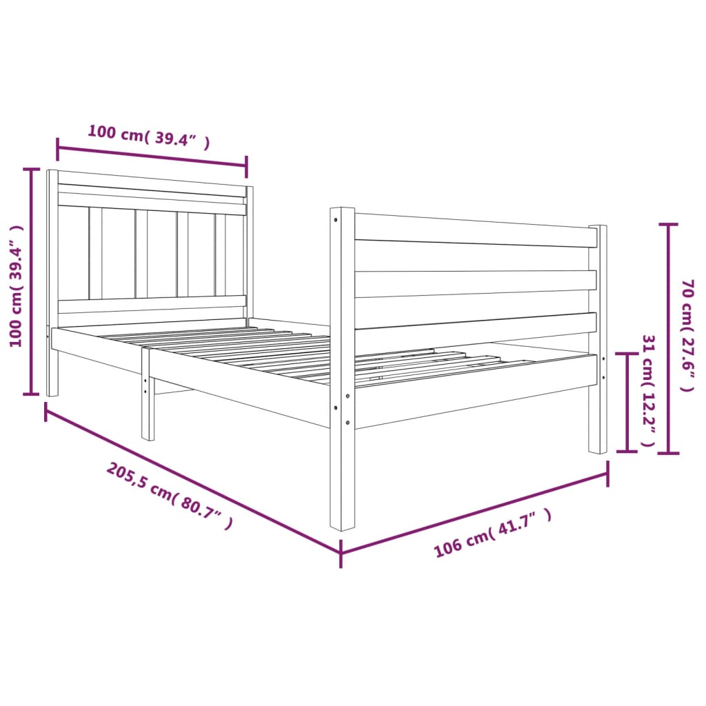 vidaXL Bed Frame without Mattress Solid Wood 100x200 cm